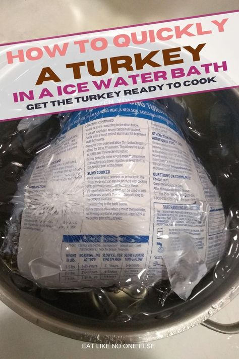 Learn how you can quickly thaw a turkey in a ice water bath and get the ready read to cook on time for Thanksigving dinner. Thaw Turkey In Water, Defrosting Turkey, Turkey In A Bag, Cold Water Bath, Thawing Turkey, Turkey Plates, Frozen Turkey, Ice Baths, Smoked Turkey