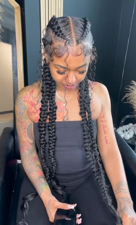 #blackgirl  #instagram #hairstyle Black Female Hairstyles Braids, Blackgirl Hairstyle Braid, 4 Boho Feed In Braids, 5 Braids Hairstyles Black Women, Two Boho Feed In Braids, Hair Styles For Black Girls Braids Ideas, Braids Mixed Girl, Cute Braid Styles For Black Women, Four Braids Hairstyles