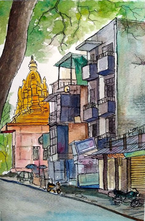 India Urban Sketch, Indian Urban Sketching, Indian Street Sketch, Watercolour Urban Sketch, Street Sketching, Laurie Baker, Memory Drawing, Perspective Sketch, Architecture Sketches