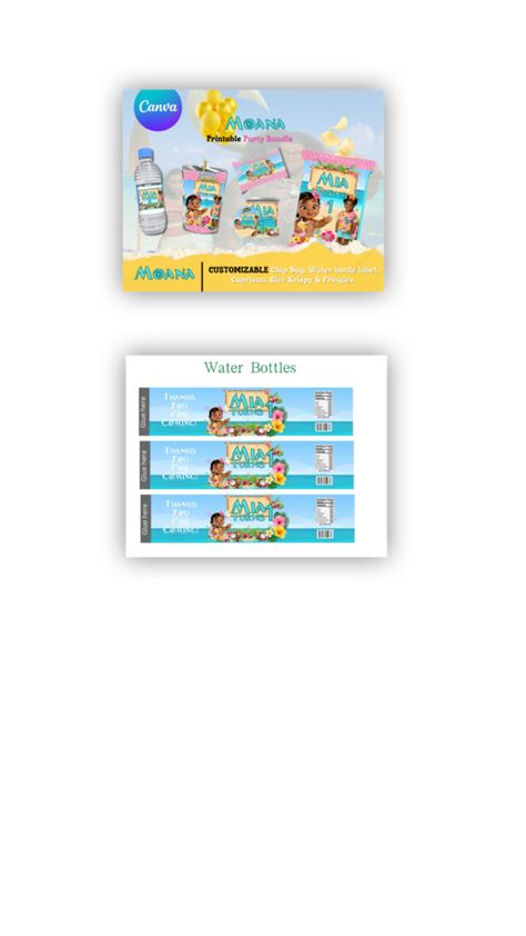 Moana customizable Party bundle favor, chip bag, capri sun, water bottle label, Pringles template Pringles Template, Capri Sun, Sun Water, Water Bottle Label, Party Bundles, Water Bottle Labels, Rice Krispies, Moana, Party Printables