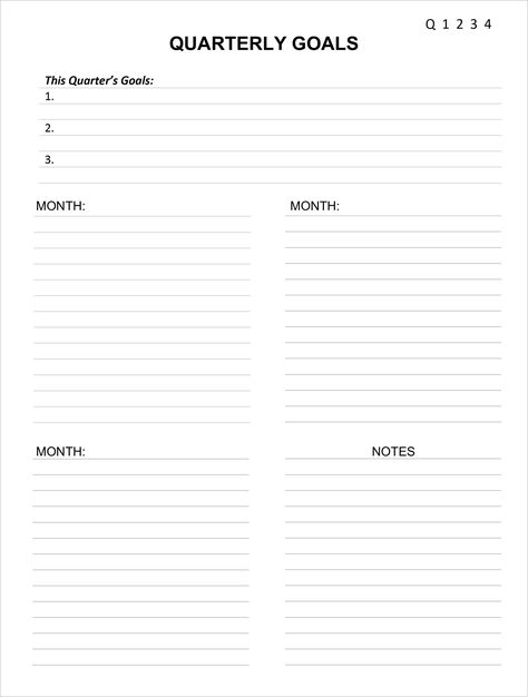 Do you setup quarterly goals for yourself or your business? Let our Quarterly Goals sheet help you out with that.  The sheet allows you to pick which quarter you are working on, 3 main goals for that quarter, with 3 monthly layout to plan it out, and then an area for notes. PDF FOR THESE SIZES: Classic Sheet (7.125 x 9.25in) --Left and Right Binding Pages included for each item Quarter Goals Template, Quarterly Vision Board, Quarterly Goals Free Printable, Quarter Planning, Quarter Goals, Event Organizer Planners, Quarterly Planning, Diy Prayer Journal, Pink Daily Planner