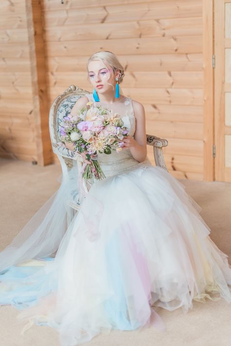 Unicorn Inspired Wedding.  Handmade wedding dress with pastel coloured tulle panels.  Pastel coloured bouquet. Pastel Rainbow Wedding, Watercolor Wedding Dress, Pastel Wedding Dresses, Rainbow Wedding Dress, Pastel Wedding Theme, Rainbow Dresses, Unicorn Wedding, Bridal Styled Shoot, Wedding Captions