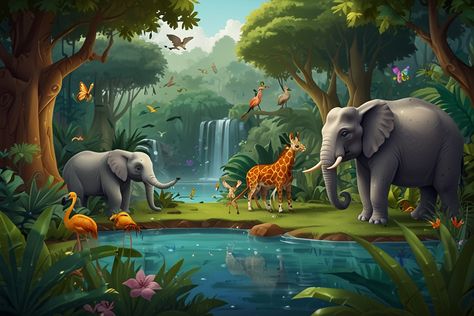 cartoon jungle with water and animals 1 Cartoon Jungle, Jungle Cartoon, Jungle Images, Jungle Clipart, Jungle Animal Art, Cute Animal Clipart, Safari Adventure, Animated Images, Animal Clipart