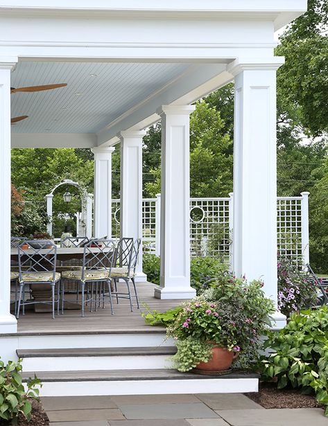 Square tapered columns match the existing stately main columns at the front entrance complete with Tuscan caps and bases. Pillars Design, Front Porch Pillars, Porch Pillars, House Columns, Exterior Columns, Front Porch Columns, Outdoor Columns, An Open Window, Traditional Porch