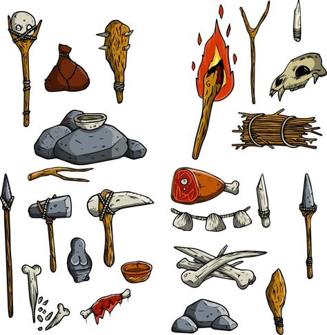 Set of items of primitive man and hunter. Weapons of caveman. Stone age hammer, axe and club. Lifestyle and tool. Cartoon illustration Caveman Cartoon, Stone Age Man, Club Lifestyle, Man Illustration, Stone Age, Cartoon Illustration, Cartoon Characters, Royalty Free Images, Stock Illustration