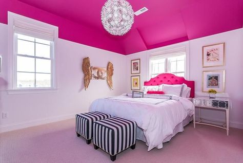 White Girls Bedroom, Pink Wallpaper Bedroom, Hot Pink Room, Hot Pink Bedrooms, Blush Pink Bedroom, Pink Bedroom Walls, Hot Pink Walls, Pink Ceiling, Pink Bedroom Design