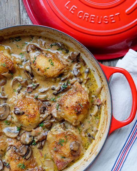 Braised chicken with creamy mushroom sauce | eat. live. travel. write. Chicken Thighs Dutch Oven, Creamy Chicken Thighs, Braiser Recipes, Mushroom Skillet, Protein Dishes, Dutch Oven Recipes Cast Iron, Braising Recipes, Vinegar Recipes, Mushroom Garlic