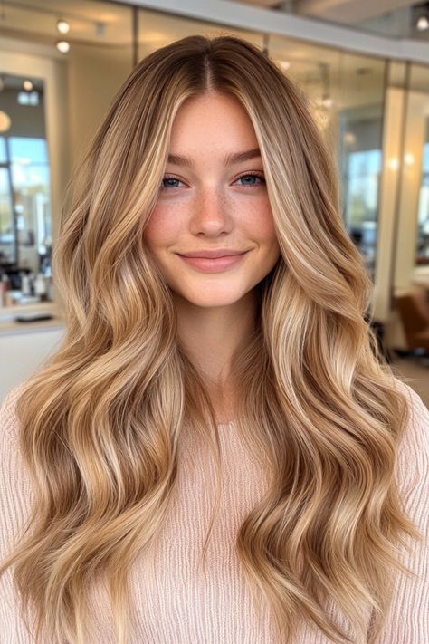 Smiling woman with long, wavy blonde hair in a salon. Brunet To Blond, Honey Brunette Hair Color, Blonde To Honey Brown, Rich Honey Blonde Hair, Golden Blonde Hair With Root Smudge, Best Hair Colors For Light Spring, Rich Blonde Hair Color, Dirty Blonde With Copper Highlights, Honey Blonde Hair With Dimension