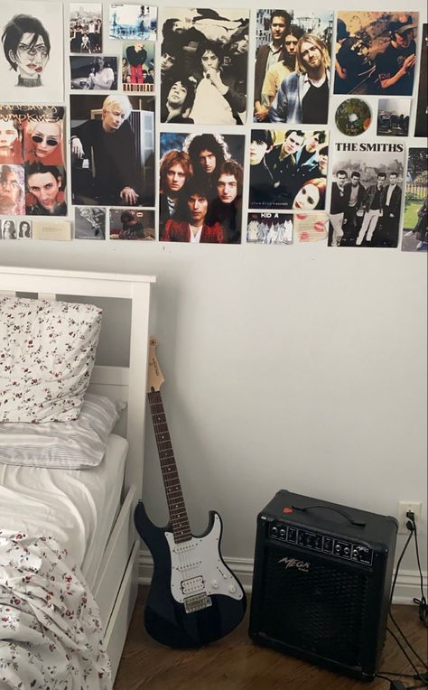 Bedroom With Electric Guitar, Electric Guitar In Bedroom, Rock Band Posters On Wall Bedroom, The Smiths Bedroom, The Smiths Room Decor, Electric Guitar On Wall, Electric Guitar Bedroom, Band Bedroom Aesthetic, Electric Bedroom Decor