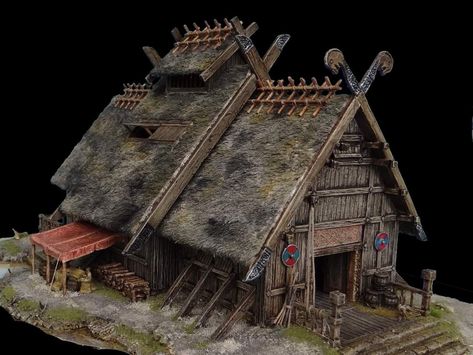 Viking House Exterior, Viking House Concept Art, Vikings Architecture, Viking Diorama, Viking Long House, Viking Tavern, Norse House, Viking Buildings, Viking Houses