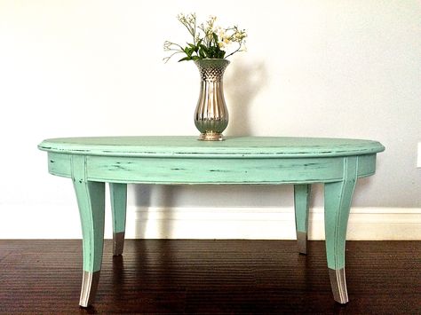 Shabby Chic Mint Green & Silver Leaf Coffee Table - $165 - SOLD Wood Coffee Bar, Green Coffee Table, Leaf Coffee Table, Antique Coffee Table, Green Coffee Tables, Home Coffee Bar, Bar Set Up, Green Wood, Selling Furniture