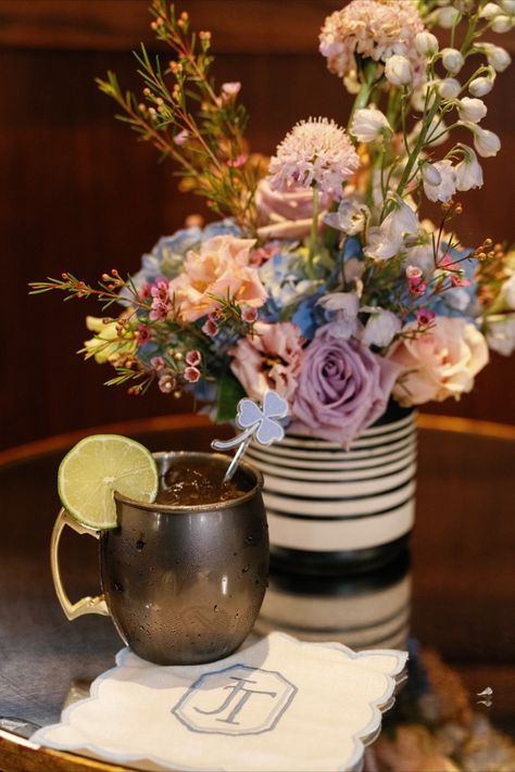 Customized cocktail with a floral arrangement, a perfect personalized touch for weddings and events. Luxury Event, Signature Cocktail, Cocktail Hour, Floral Arrangement, Floral Decor, Floral Arrangements, Wedding Planning, Weddings, Flowers