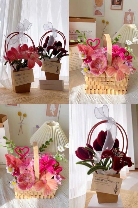 Gift flower baskets: faux flowers in pink and red for summer home decor Clean Flowers, Flower Chart, Piping Flowers, Hanging Craft Ideas, Diy Bouquet Wrap, Pipe Cleaner Flowers, Handmade Gifts Diy, Flower Bouquet Diy, Hanging Craft