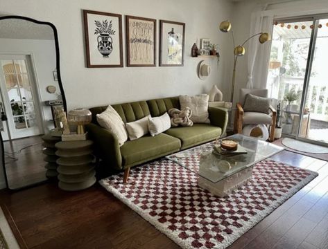 Green Gold Living Room, Apartment Deco, Studio Apartment Living, Gold Living, Gold Living Room, Future Apartment Decor, Checkered Rug, Burnt Orange Color, Apartment Style