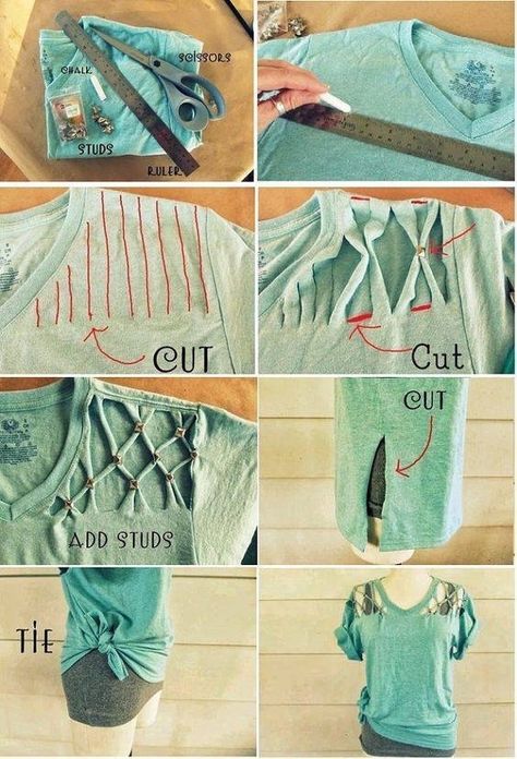 Cut Shirt Designs, Diy Cut Shirts, Shirt Makeover, T Shirt Hacks, Shirt Hacks, Diy Vetement, Clothing Diy, Diy Fashion Clothing, Shirt Refashion