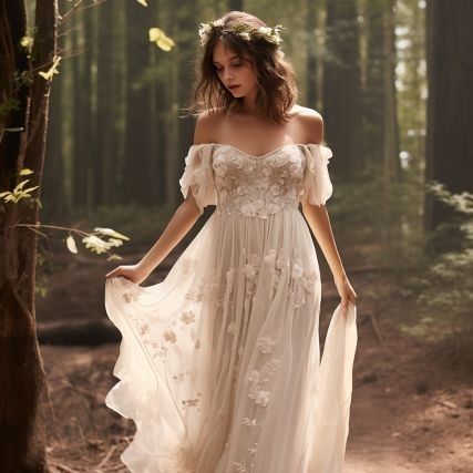 Fairy Bridal Gown, Wood Fairy Wedding Dress, Fairy Gown Wedding, Lace Flowy Dress, Simple Wedding Dress Fairy, Boho Wedding Simple Dress, Enchanted Forest Theme Wedding Dress, Cottage Core Wedding Guest Dress, Whimsical Fall Wedding Dress