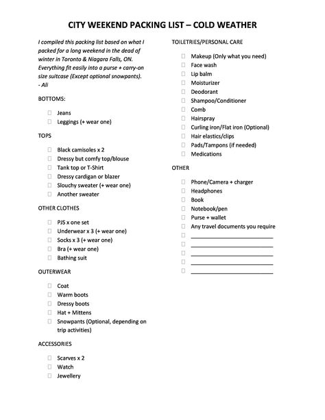 Nyc Checklist Packing Lists, Packing List Long Weekend, What To Pack For Cold Weather Travel, 3 Day 2 Night Packing List, 3 Day City Trip Packing, 3 Day Packing List Fall, Weekend Winter Packing List, What To Pack For A Weekend Trip Winter, Weekend Trip Packing List Winter