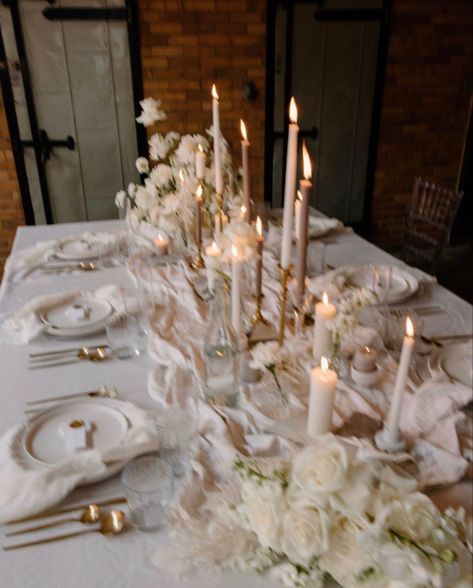 Gold Candleabras Centerpiece Wedding, White Table Set Up, Dainty Wedding Theme, Wedding Table Decorations Aesthetic, Romantic Table Scape, Provence Dinner Party, Romantic Wedding Mood Board, Wedding Dinner At Restaurant, Simple Elegant Wedding Table Settings