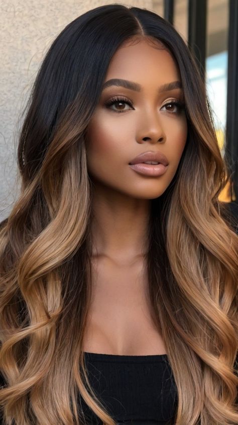 Beautiful Honey Balayage Curls for Glamorous Light Skin Women 💫 Chocolate Blonde Hair Balayage, Theresa Guidice Hair, Wavy Ombre Hair, Blonde Highlights Sew In Weave, Golden Blonde Balayage On Black Hair, Black Women Ombre Hair, Black Hair Balayage Black Women, Blonde Balayage On African American Hair, Dark Skinned Hair Color Ideas