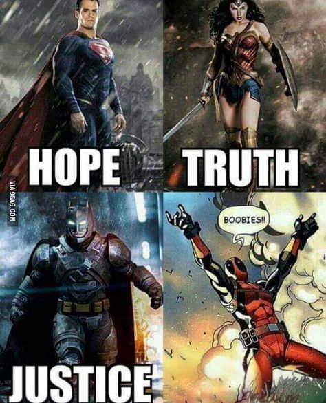 There are superheroes, villains... And there's Deadpool - 9GAG Deadpool Quotes, Avengers Humor, Deadpool Funny, Superhero Memes, Funny Marvel Memes, Dead Pool, Dc Memes, Bd Comics, Dc And Marvel