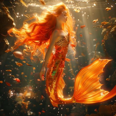 Mermaid Photography Realistic, Red Mermaid Aesthetic, Water Faries, Red Head Mermaid, Alaska Cabin, Orange Mermaid, Yellow Mermaid, Realistic Mermaid, Dark Mermaid