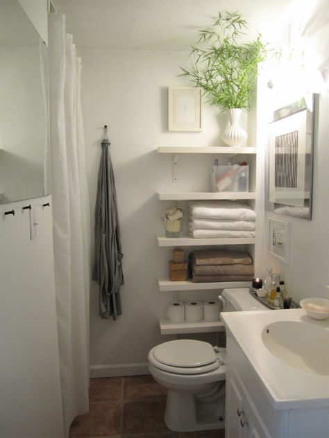 No More Unused Space: How To Fit More Storage into a Small Bathroom Small Bathroom Shelves, Bathroom Redecorating, Shelves Over Toilet, Redecorating Ideas, Bathroom Shelf Decor, Small Bathroom Organization, Bathroom Storage Solutions, Small Bathroom Storage, Small Bath