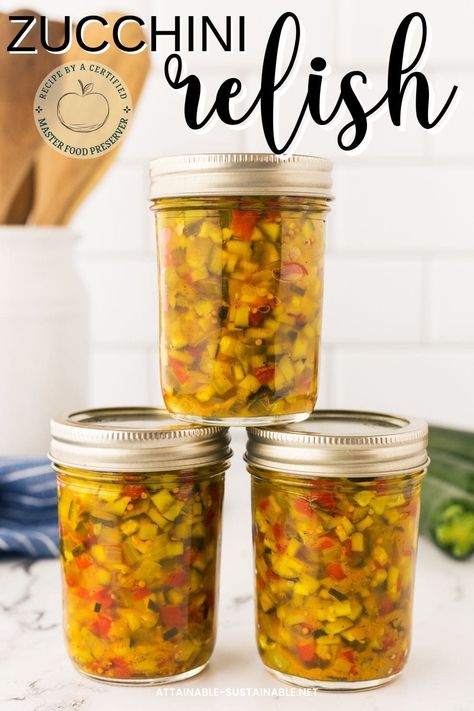 This zucchini relish recipe is sweet and somewhat tangy. It makes a great hamburger relish, but it's great for adding extra flavor to things like egg salad, deviled eggs, potato salad, and even mixed into meatloaf. Zucchini relish is a great way to preserve summer squash for the winter pantry. #canning #preservation #recipe Squash Relish Canning Recipe, Squash Relish Recipe, Hamburger Relish, Canning Squash, Zucchini Relish Recipes, Canning Zucchini, Zucchini Relish, Zucchini Pickles, Easy Canning