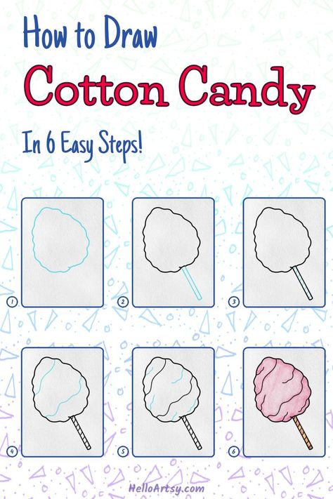 Draw easy cotton candy for kids. Ideal for kids who desire to learn how to draw! Follow along with each illustration to learn how to draw cotton candy. Want to see the full drawing tutorial with a PRINTABLE GUIDE? It's completely FREE. No opt-in required! CLICK to ACCESS! Ancient Rome Projects, Full Drawing, Candy Drawing, Carnival Posters, Drawing Lessons For Kids, Draw Easy, Easy Cartoon Drawings, Drawing Lesson, Tangle Patterns