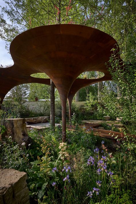 Studio Weave and Tom Massey design garden with rain-harvesting pavilion Rain Garden Landscape, Chelsea Flower Show Gardens, Tom Massey, Ideal Home Magazine, Rain Harvesting, Studio Weave, Muscular Dystrophy, Rhs Chelsea Flower Show, Shelter Design