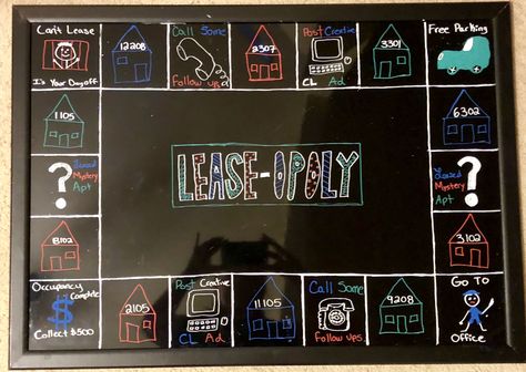 "Lease-Opoly": Leasing contest board Leasing Board Ideas, Leasing Goal Board Ideas, Leasing Goal Board, Leasing Office Ideas, Resident Retention, Resident Events, Leasing Agent, Contest Ideas, Goal Board