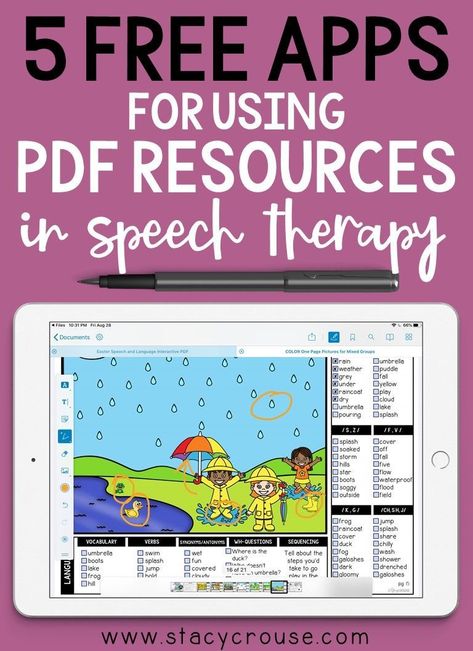 Are you an SLP that wants to save the hassle of printing every single activity for your speech therapy students? Try one of these FREE PDF reader apps on your iPad to not only eliminate the headache of printing, but also give your students an activity engages them with tons of interactive features such as shapes, lines, stamps, text, and highlighter! Online Speech Therapy, Smash Mats Speech Therapy Free, Data Collection Speech Therapy, Speech Therapy Organization, Teletherapy Resources For Speech-language Therapy, Speech Therapy Apps, Slp Resources, Speech Therapy Materials, Speech Therapy Resources