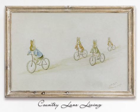 Beatrix Potter Peter Rabbits Riding Bicycles with Friends Illustration - Vintage Art-Print at Hom... | Etsy (US) Rabbit Nursery Art, Peter Rabbit Nursery, Art Rabbit, Rabbit Nursery, Benjamin Bunny, Friends Illustration, Bunny Nursery, Vintage Bunny, Rabbit Art