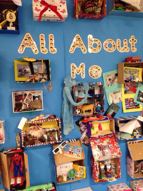 Amazing display made from objects, photos etc in shoe boxes for Early Years topic All About Me. All About Me Ks1 Activities, This Is Me Display Eyfs, Ourselves Topic Early Years All About Me, All About Me Year 2 Activities, All About Me Topic Eyfs, Reggio All About Me, Myself Topic Eyfs, Early Years Display Boards, Funnybones Eyfs