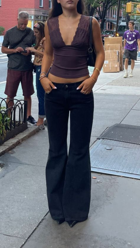 @danielameyler wearing Free People Top Minimalist European Fashion, Strapless Summer Outfits, 2000s Fancy Outfits, Tops For Big Chest, Belt Outfit Aesthetic, European Clubbing Outfits, Divine Feminine Outfits, Bootcut Jeans Outfit Aesthetic, Wag Outfits