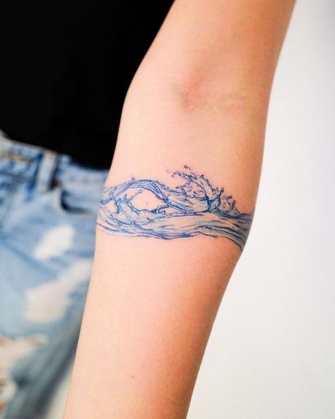 Tattoo Of Water, Water Arm Band Tattoo, Water Wrist Tattoo, Wave Cuff Tattoo, Color Wave Tattoo, Wave Tattoo Arm Band, Fire Arm Band Tattoo, Water Arm Tattoo, Feminine Calf Tattoos For Women