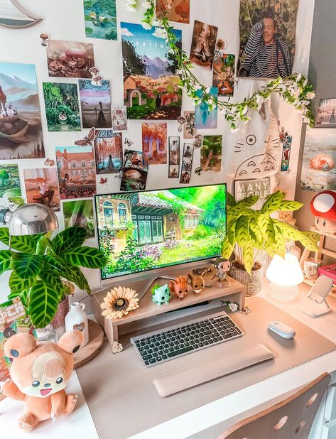 Desk Top Ideas, Cozy Desk, Gamer Room Decor, Cozy Home Office, Uni Room, Work Space Decor, Desk Inspiration, White Desk, Gaming Room Setup