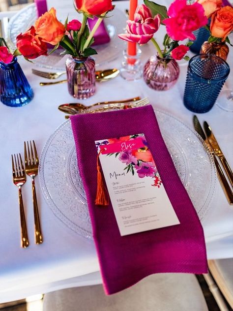 Navy Blue And Fuschia Wedding Decorations, Magenta Tropical Wedding, Blue Orange Magenta Wedding, Colourful Napkins Wedding, Vibrant Wedding Table Decor, Colorful Napkins Wedding, Colorful Place Setting, Magenta And Orange Wedding, Fuschia Orange Wedding