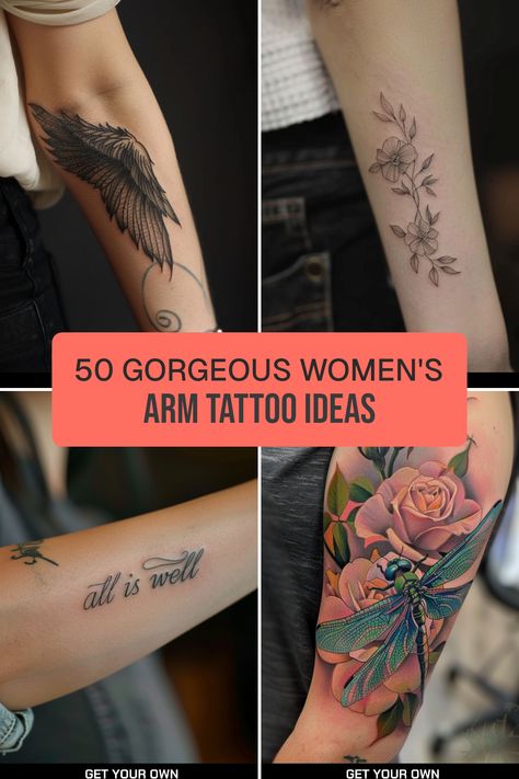 Explore 50 stunning women’s tattoos on the back of the arm. This pin features four eye-catching examples of diverse tattoo designs, appealing to all tastes and styles. Female Bicep Tattoo Simple, Women’s Arm Sleeve, Tattoo On The Back, Mountain Range Tattoo, Arm Tattoo Ideas, Lower Arm Tattoos, Perfect Tattoo, Bicep Tattoo, Wing Tattoo