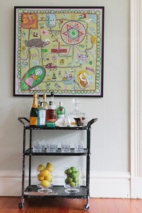 #bar-cart, #artwork  Photography: Josh Gruetzmacher Photography - joshgruetzmacher.com  Read More: http://www.stylemepretty.com/living/2013/09/09/margaret-elizabeths-home-tour/ Framed Scarf, Bar Cart Inspiration, Cart Bar, Vintage Bar Cart, Chic Apartment, Scarf Decor, Decorating Walls, San Francisco Houses, Bar Cart Styling