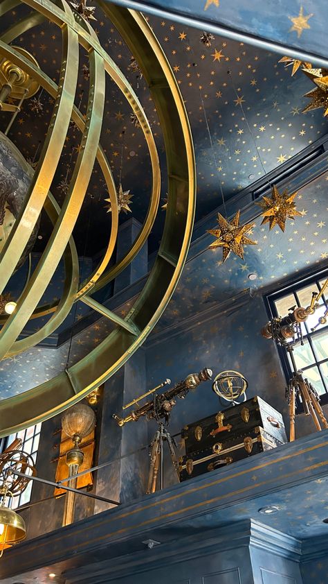 Stars Interior Design, Constellation Interior Design, Blue Ceiling Gold Stars, Gold Star Ceiling, Celestial Ceiling Bedroom, Astrology Themed Room, Steampunk Astronomy, Astronomy Decorations, Zodiac Ceiling