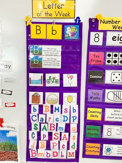 Pocket Charts In The Classroom, Classroom Pocket Charts, Letter Of The Day, Pocket Charts, Alphabet Recognition, Dramatic Play Preschool, Classroom Anchor Charts, Focus Wall, Preschool Arts And Crafts