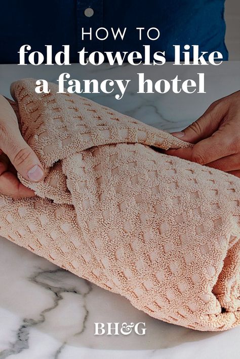 Try one of our easy, space-saving folding tricks. With the proper folding techniques, bath towels remain neatly stacked and ready to use whenever you need them. Use these folding methods to display fresh towels and give your bathroom a luxurious, spa-like feel. #howtofoldtowels #spabathrooms #guestbathroomtips #bhg How To Fold Towels For Display, Fold Towels For Display, How To Fold Hand Towels, How To Fold Bath Towels, Bath Towels Display, Folding Bath Towels, Folding Tricks, How To Roll Bath Towels, Bathroom Towels Display