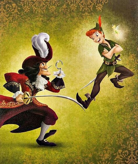 PETER PAN AND CAPTAIN HOOK Heroes Vs Villains, Peter Pan Art, Peter Pan Disney, Peter Pan And Tinkerbell, Animation Disney, Images Disney, Film Disney, Walt Disney Animation, Captain Hook