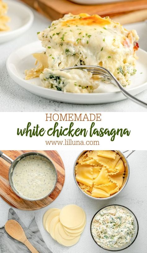 Creamy Chicken Lasagna is a tasty twist on a classic. With homemade white sauce, spinach, and chicken it's always a hit! #chickenlasagna #whitelasagna #lasagna #dinnerrecipes #chickenrecipes Creamy Chicken Lasagna, Homemade White Sauce, White Chicken Lasagna, Chicken Lasagna Recipe, Lil Luna, Chicken Lasagna, White Sauce, White Chicken, Chicken Dishes Recipes