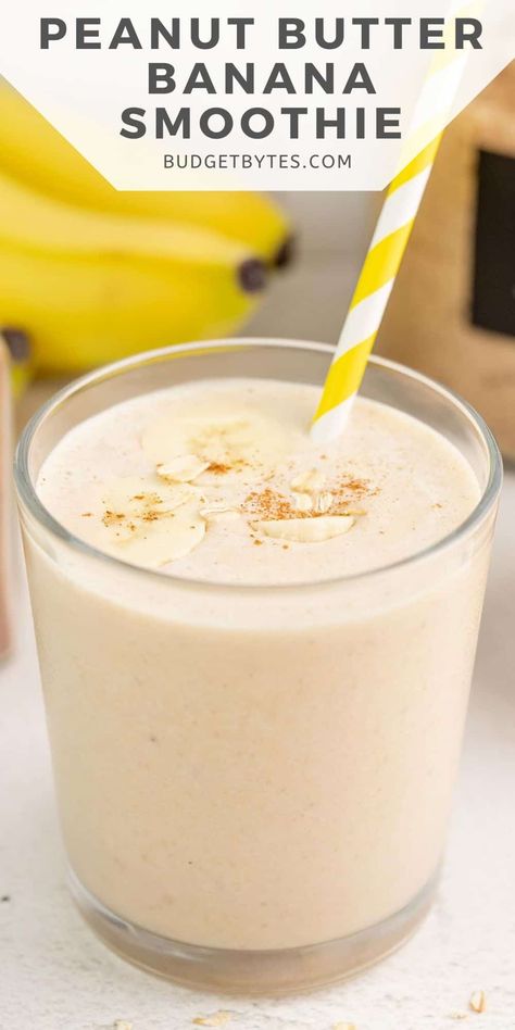 Peanut Butter Banana Smoothies are slightly sweet, super creamy, deliciously filling, and make a fast and easy snack or breakfast! BudgetBytes.com Budget Bytes Recipes, Optimum Nutrition Whey, College Dinner Recipes, Healthy Beverages, Peanut Butter Banana Smoothie, Budget Bytes, Peanut Butter Smoothie, Health Drinks, Breakfast Meal