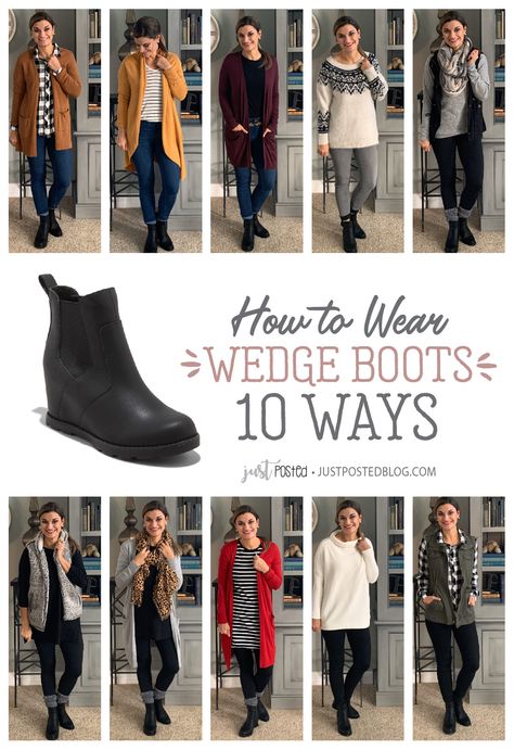 Outfits With Sorel Wedge Boots, Outfits With Wedge Boots, Sorel Wedge Boots Outfit Fall Fashion, Black Wedge Boots Outfit, Black Booties Outfit Work, Black Wedge Booties Outfit, Black Booties Outfit Winter, Wedge Boot Outfit, Sorel Boots Outfit