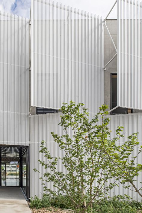 Conservatoire of Music and Dance features pleated metal sunscreen Metal Shutters, Mall Facade, Shading Device, Metal Facade, Green Facade, Facade Cladding, Metal Cladding, Music And Dance, Toulouse France