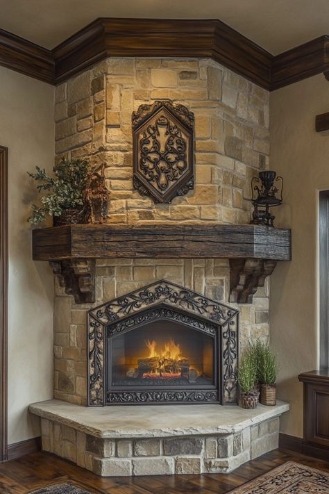 29 Corner Fireplace Makeover Ideas That Bring Warmth And Charm - Courtneys World 1970 Fireplace, Diy Fireplace Stone, English Country Fireplace, Eclectic Mantle Decor, Corner Fireplace Remodel, Eclectic Mantle, Chimney Wall Ideas, Rustic Fireplace Ideas, Fireplace Ideas With Tv Above