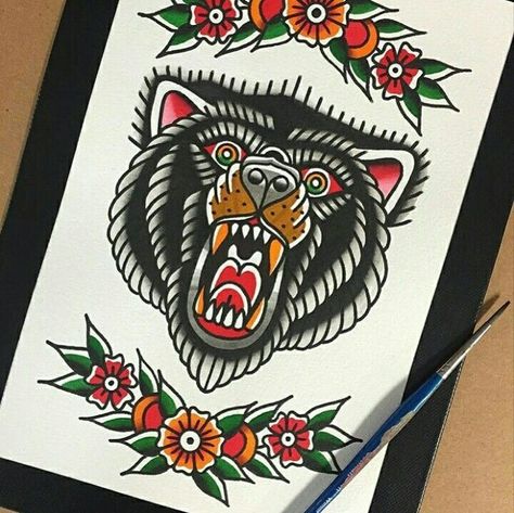 Traditional Bear Head Tattoo, Bear Head Tattoo, Traditional Bear Tattoo, Flash Art Tattoos, Americana Tattoo, Bear Tattoo Designs, Traditional Tattoo Old School, Traditional Style Tattoo, Traditional Sleeve