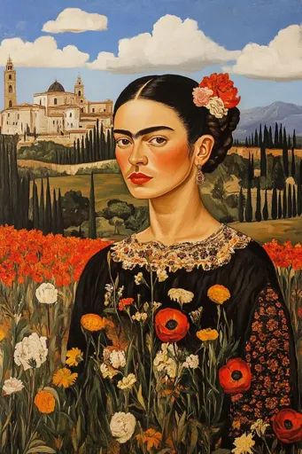 ↑↑↑ Larger size on website 🔸 The painting depicts Frida Kahlo, a famous Mexican artist, standing in a field of flowers. She wears Frida Kahlo Painting, Standing In A Field, Frida Kahlo Paintings, Serious Expression, Pink And Red Flowers, Mexican People, Kahlo Paintings, Traditional Mexican Dress, A Field Of Flowers